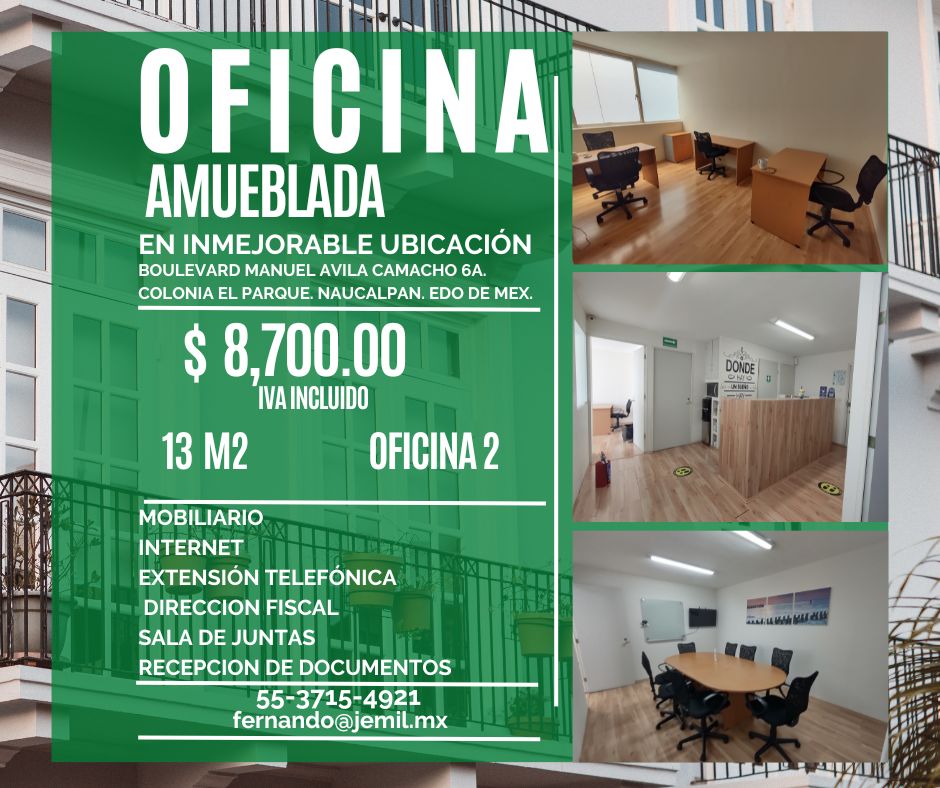 RENTA DE OFICINA AMUEBLADA CERCA DE TOREO, NAUCALPAN OF2